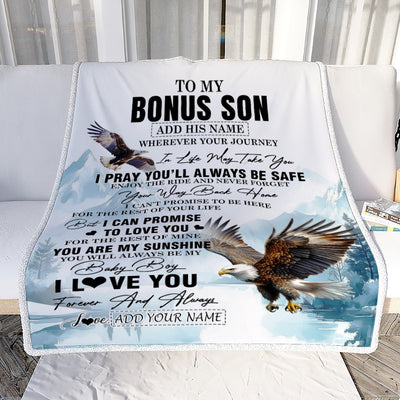 Personalized To My Bonus Son Gifts Blanket From Stepmom Wherever Your Journey In Life Eagle Stepson Birthday Gifts Graduation Customized Fleece Throw Blanket | siriusteestore