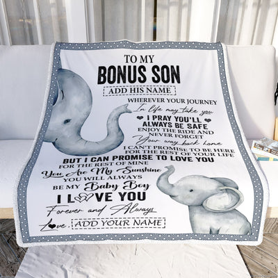 Personalized To My Bonus Son Gifts Blanket From Stepmom Wherever Your Journey In Life Elephant Stepson Birthday Gifts Graduation Customized Fleece Blanket | siriusteestore