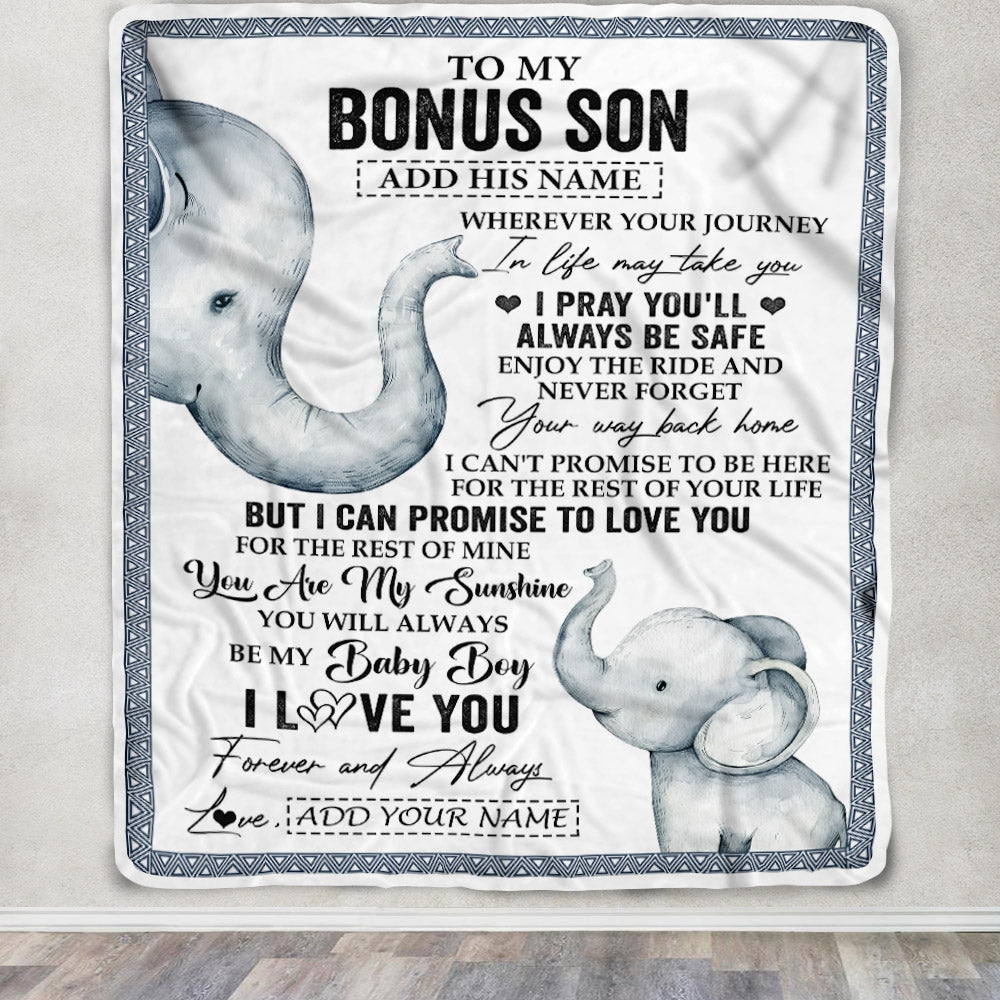 Personalized To My Bonus Son Gifts Blanket From Stepmom Wherever Your Journey In Life Elephant Stepson Birthday Gifts Graduation Customized Fleece Blanket | siriusteestore