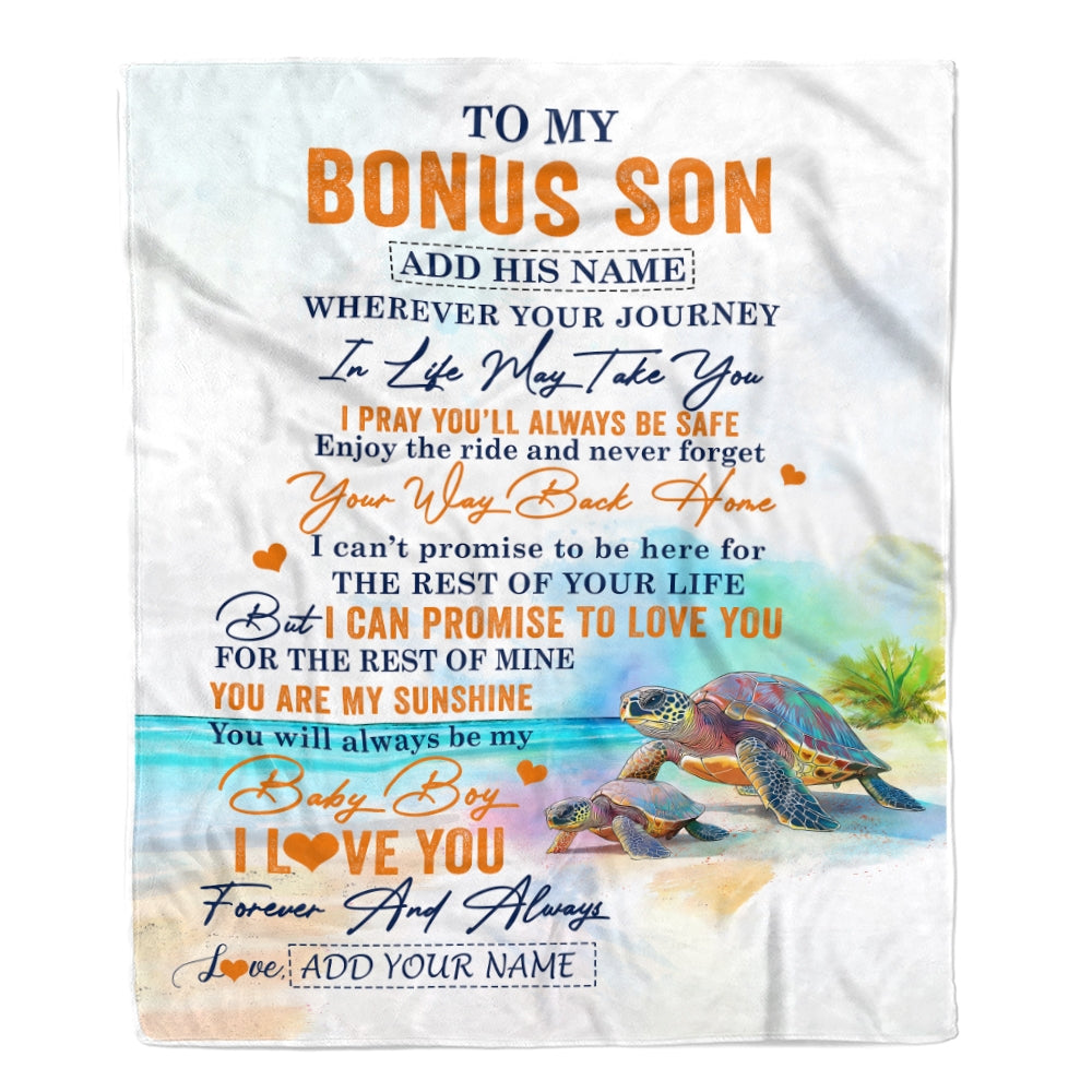 Personalized To My Bonus Son Gifts Blanket From Stepmom Wherever Your Journey In Life Turtle Stepson Birthday Gifts Graduation Customized Fleece Throw Blanket | siriusteestore