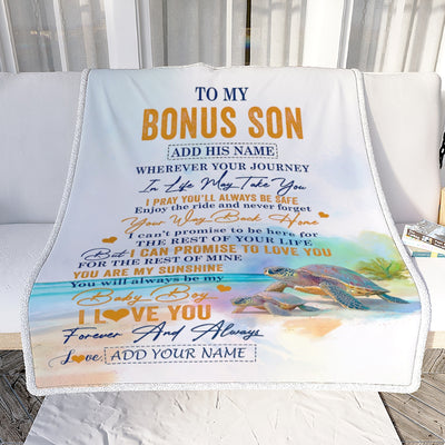 Personalized To My Bonus Son Gifts Blanket From Stepmom Wherever Your Journey In Life Turtle Stepson Birthday Gifts Graduation Customized Fleece Throw Blanket | siriusteestore
