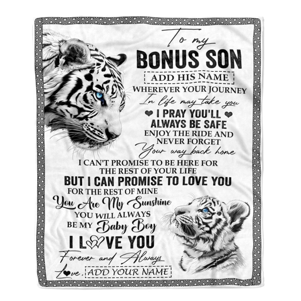 Personalized To My Bonus Son Gifts Blanket From Stepmom Wherever Your Journey In Life White Tier StepSon Birthday Gifts Christmas Custom Fleece Blanket | siriusteestore