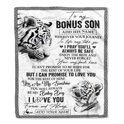 Personalized To My Bonus Son Gifts Blanket From Stepmom Wherever Your Journey In Life White Tier StepSon Birthday Gifts Christmas Custom Fleece Blanket | siriusteestore