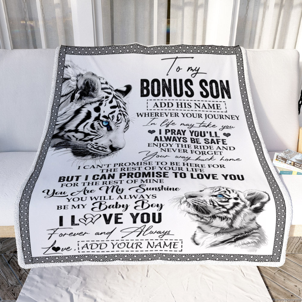 Personalized To My Bonus Son Gifts Blanket From Stepmom Wherever Your Journey In Life White Tier StepSon Birthday Gifts Christmas Custom Fleece Blanket | siriusteestore