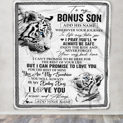 Personalized To My Bonus Son Gifts Blanket From Stepmom Wherever Your Journey In Life White Tier StepSon Birthday Gifts Christmas Custom Fleece Blanket | siriusteestore