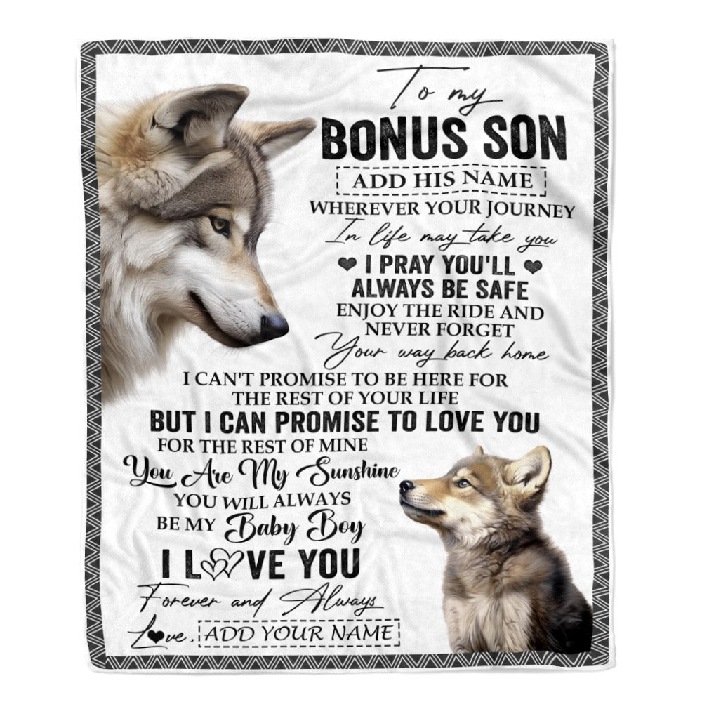 Personalized To My Bonus Son Gifts Blanket From Stepmom Wherever Your Journey In Life Wolf Stepson Birthday Gifts Graduation Customized Fleece Throw Blanket | siriusteestore