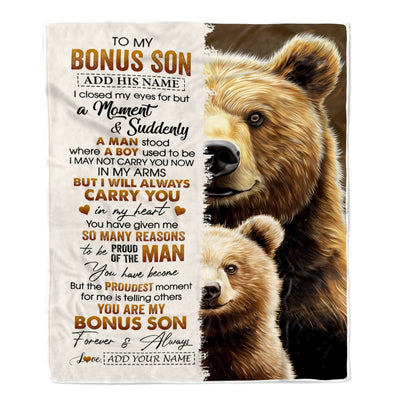 Personalized To My Bonus Son Gifts Blanket From Stepmother Stepdad I Close My Eyes Bear Stepson Birthday Gifts Graduation Christmas Fleece Throw Blanket | siriusteestore