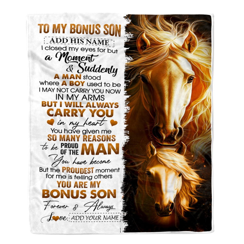 Personalized To My Bonus Son Gifts Blanket From Stepmother Stepdad I Close My Eyes Horse Stepson Birthday Gifts Graduation Christmas Fleece Throw Blanket | siriusteestore