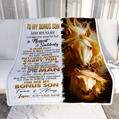 Personalized To My Bonus Son Gifts Blanket From Stepmother Stepdad I Close My Eyes Horse Stepson Birthday Gifts Graduation Christmas Fleece Throw Blanket | siriusteestore