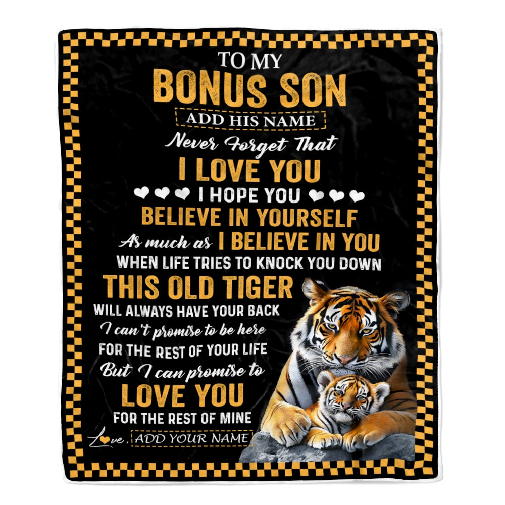 Personalized To My Bonus Son Gifts Blanket From Stepmother Stepdad This Old Tiger Love You Stepson Birthday Gifts Graduation Christmas Custom Fleece Blanket | siriusteestore
