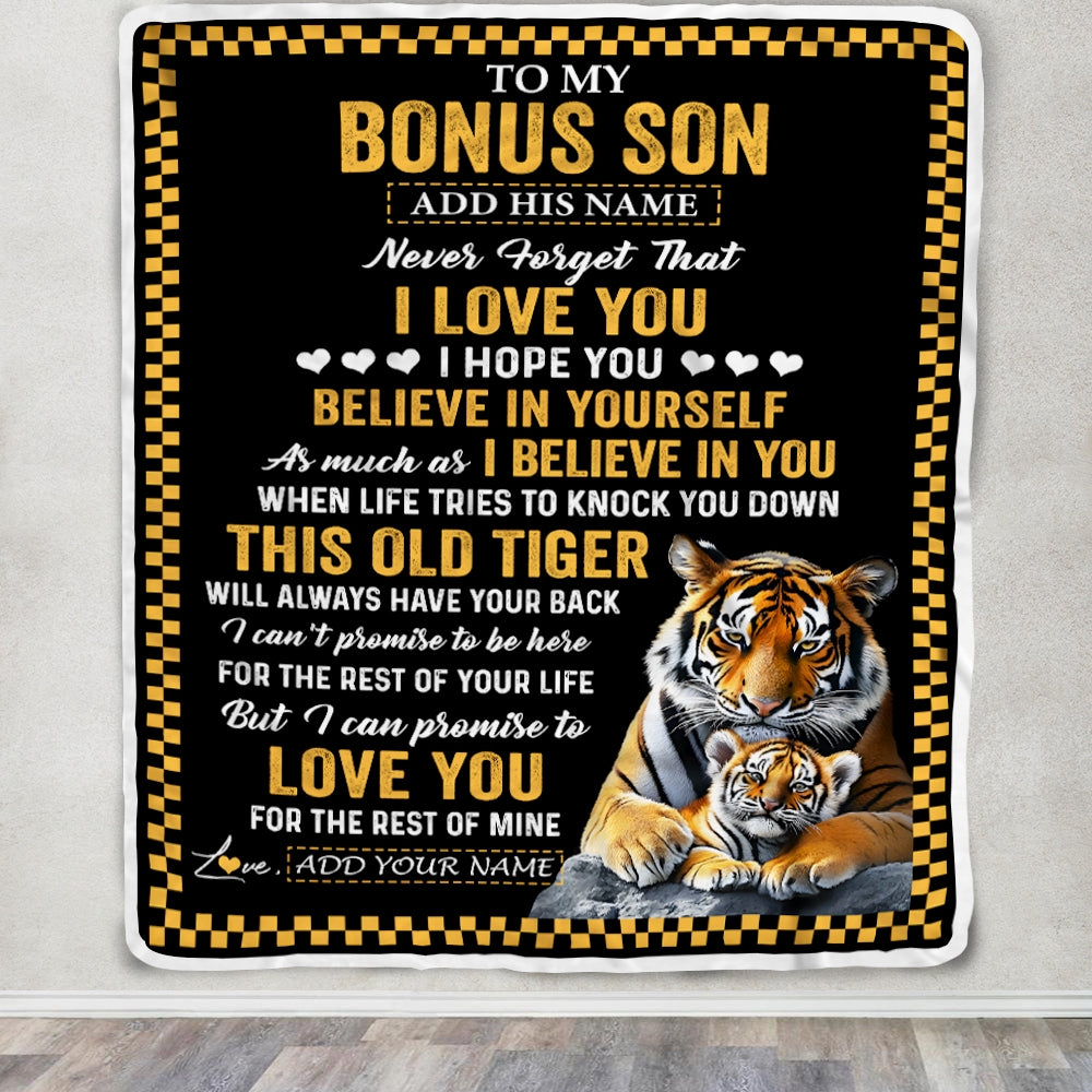 Personalized To My Bonus Son Gifts Blanket From Stepmother Stepdad This Old Tiger Love You Stepson Birthday Gifts Graduation Christmas Custom Fleece Blanket | siriusteestore