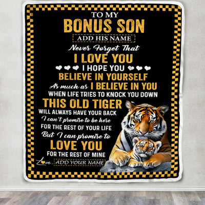 Personalized To My Bonus Son Gifts Blanket From Stepmother Stepdad This Old Tiger Love You Stepson Birthday Gifts Graduation Christmas Custom Fleece Blanket | siriusteestore