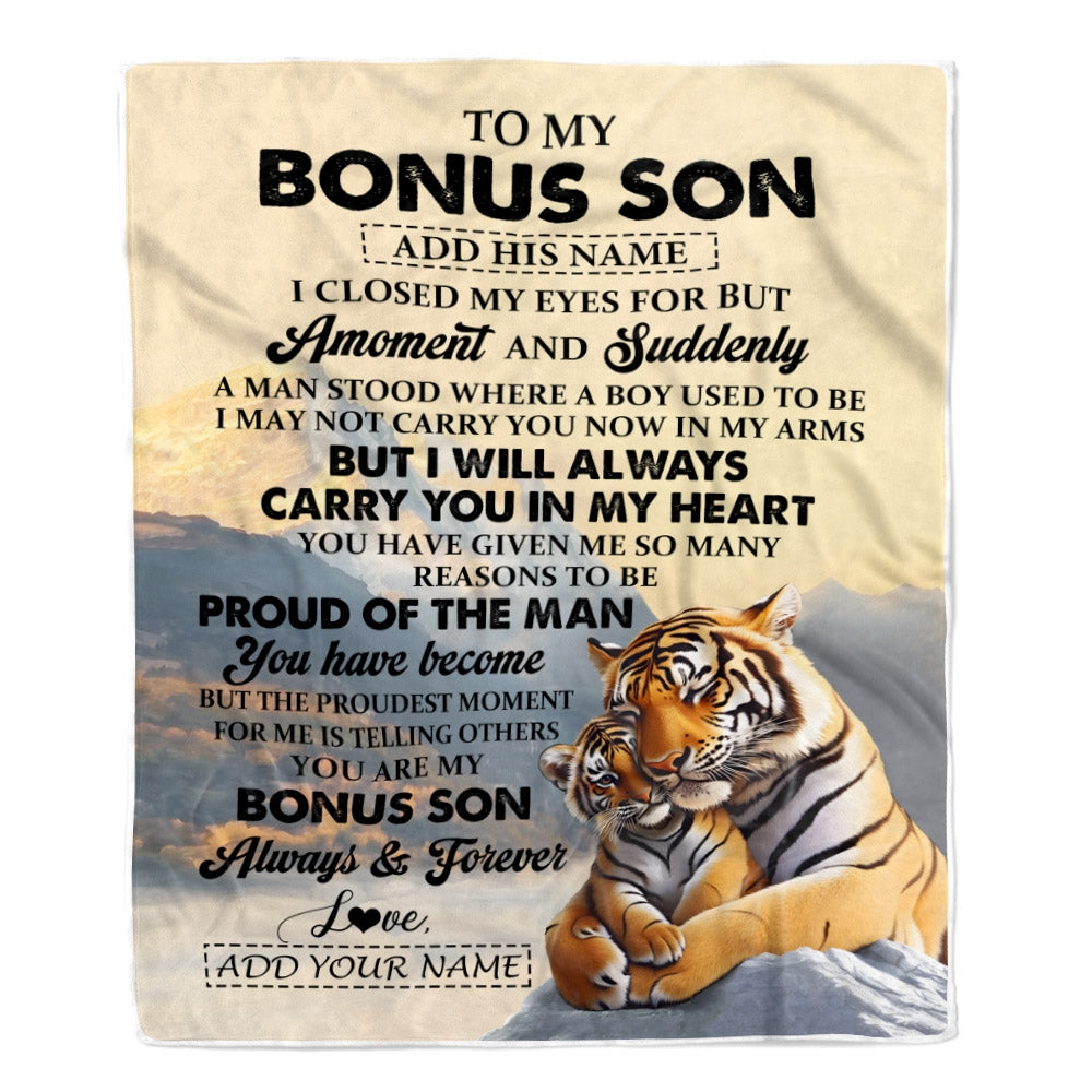 Personalized To My Bonus Son Gifts Blanket Tiger From Stepmother Stepdad You Are My Stepson Birthday Gifts Graduation Christmas Custom Fleece Throw Blanket | siriusteestore