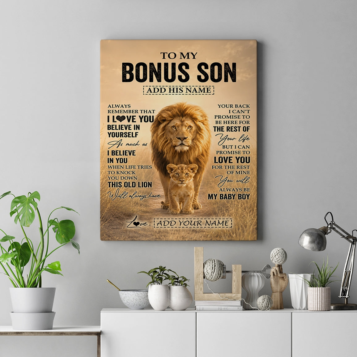 Personalized To My Bonus Son Gifts Canvas From Stepdad Always Remember Lion Gifts For Stepson Birthday Graduation Christmas Custom Wall Art Framed Canvas | siriusteestore