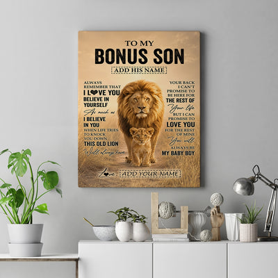 Personalized To My Bonus Son Gifts Canvas From Stepdad Always Remember Lion Gifts For Stepson Birthday Graduation Christmas Custom Wall Art Framed Canvas | siriusteestore