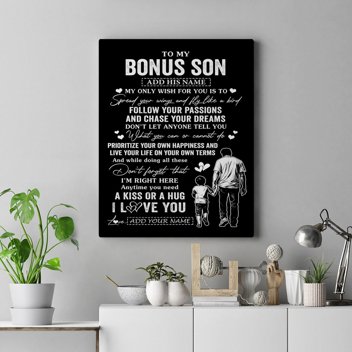 Personalized To My Bonus Son Gifts Canvas From Stepdad My Only Wish For You Stepson Birthday Gifts Graduation Christmas Custom Wall Art Print Framed Canvas | siriusteestore