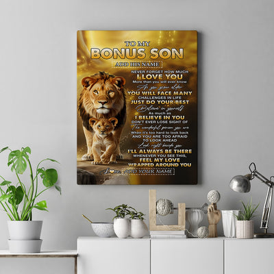 Personalized To My Bonus Son Gifts Canvas From Stepdad Never Forget How Much I Love You Lion StepSon Birthday Gifts Graduation Christmas Custom Wall Art Framed Canvas | siriusteestore