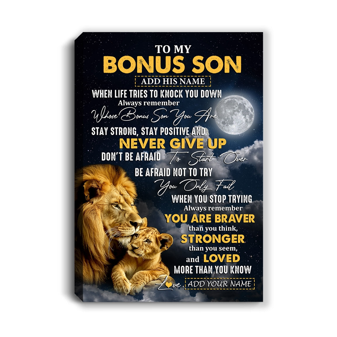 Personalized To My Bonus Son Gifts Canvas From Stepdad Stepmother Lion Never Give Up Stepson Birthday Gifts Graduation Christmas Custom Wall Art Print Framed Canvas | siriusteestore