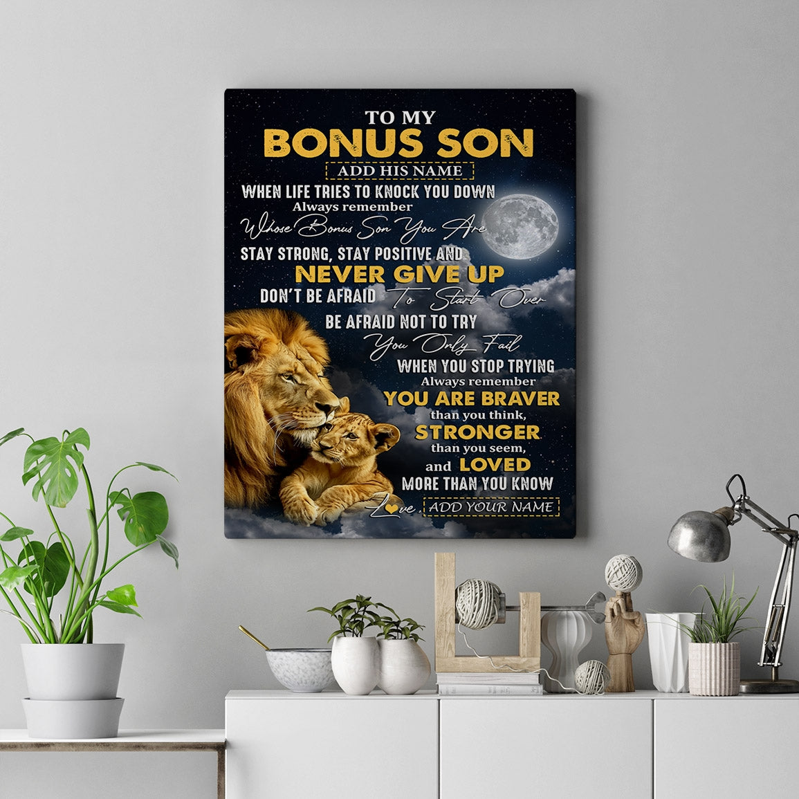 Personalized To My Bonus Son Gifts Canvas From Stepdad Stepmother Lion Never Give Up Stepson Birthday Gifts Graduation Christmas Custom Wall Art Print Framed Canvas | siriusteestore