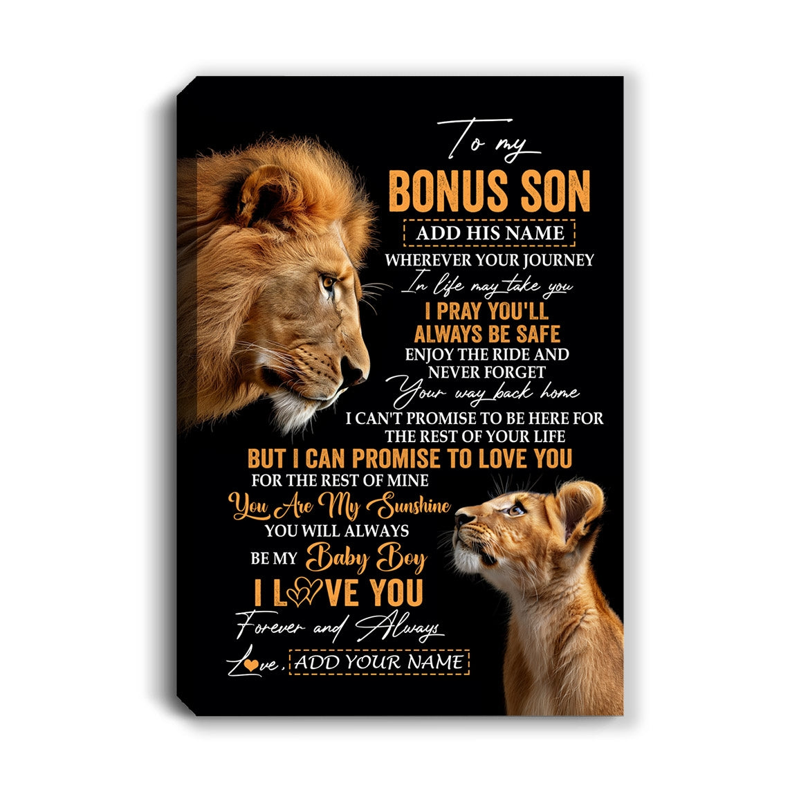 Personalized To My Bonus Son Gifts Canvas From Stepdad Wherever Your Journey In Life Lion StepSon Birthday Gifts Christmas Custom Wall Art Framed Canvas | siriusteestore