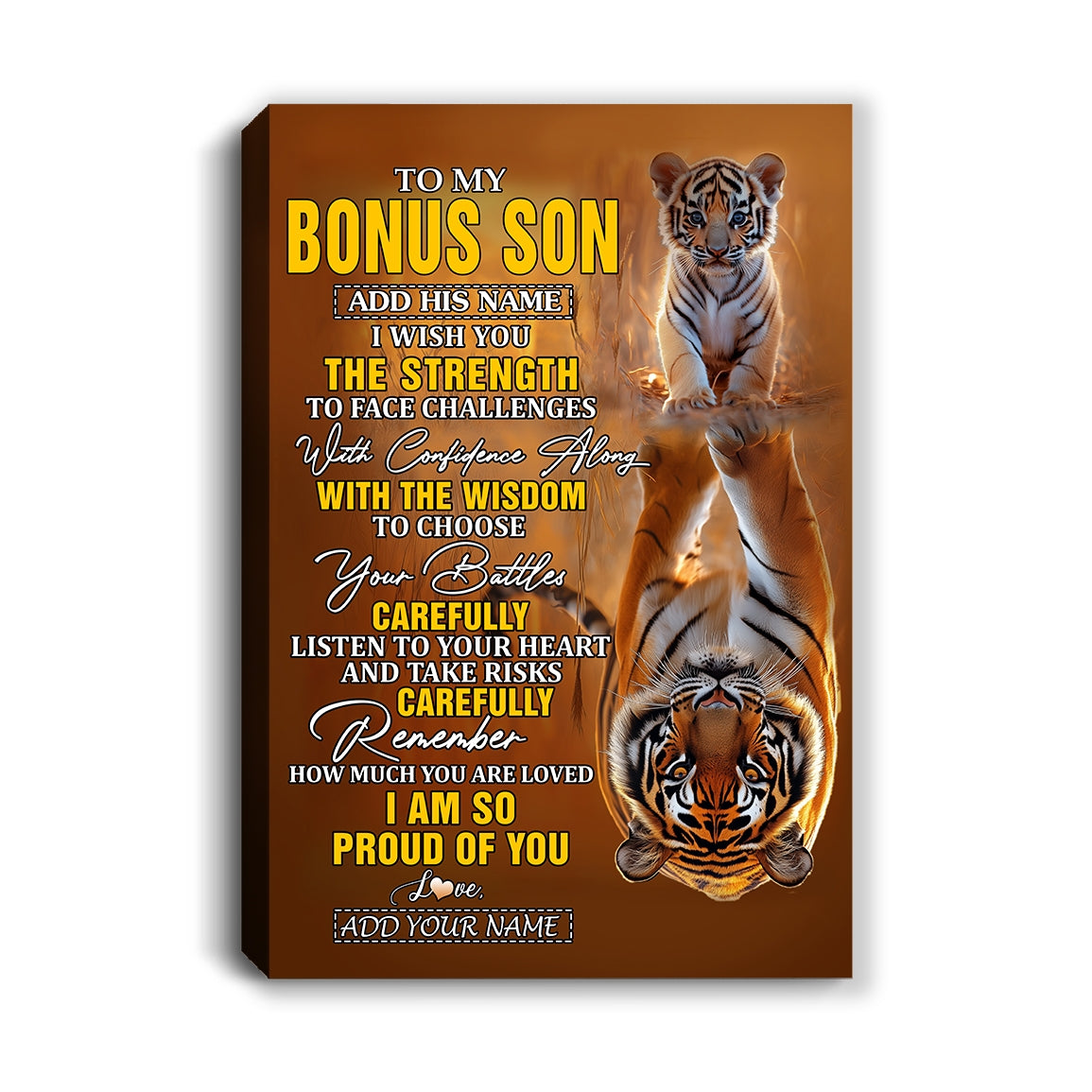 Personalized To My Bonus Son Gifts Canvas From Stepfather Stepmom I Wish You The Strength Tiger Stepson Birthday Gifts Christmas Graduation Custom Art Framed Canvas | siriusteestore