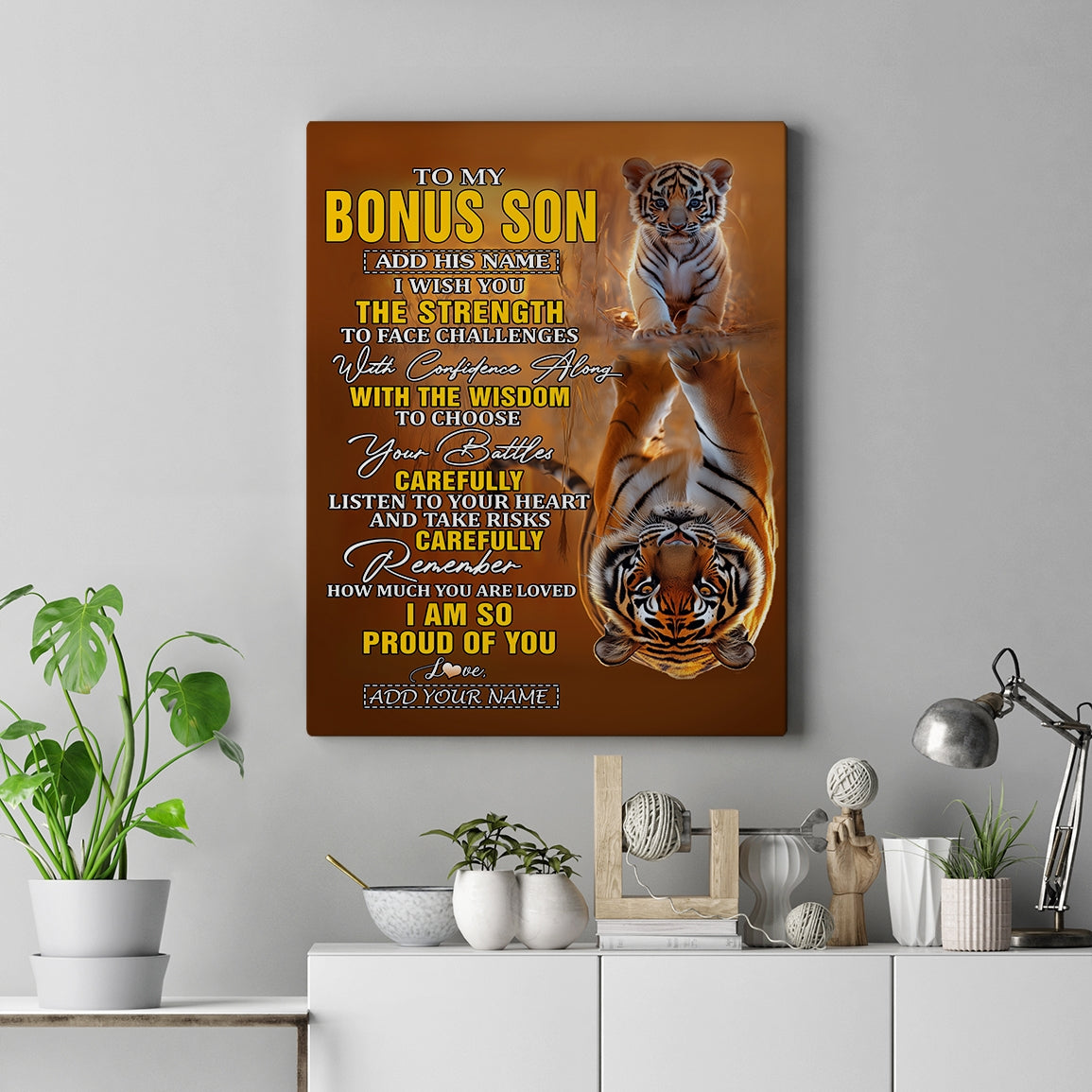 Personalized To My Bonus Son Gifts Canvas From Stepfather Stepmom I Wish You The Strength Tiger Stepson Birthday Gifts Christmas Graduation Custom Art Framed Canvas | siriusteestore