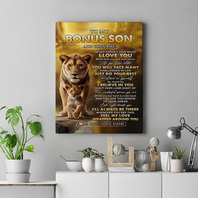 Personalized To My Bonus Son Gifts Canvas From Stepmom Never Forget How Much I Love You Lion StepSon Birthday Gifts Graduation Christmas Custom Wall Art Framed Canvas | siriusteestore