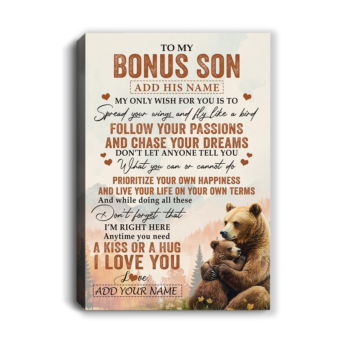 Personalized To My Bonus Son Gifts Canvas From Stepmom Stepdad Bear My Only Wish For You Stepson Birthday Gifts Graduation Christmas Custom Art Print Framed Canvas | siriusteestore