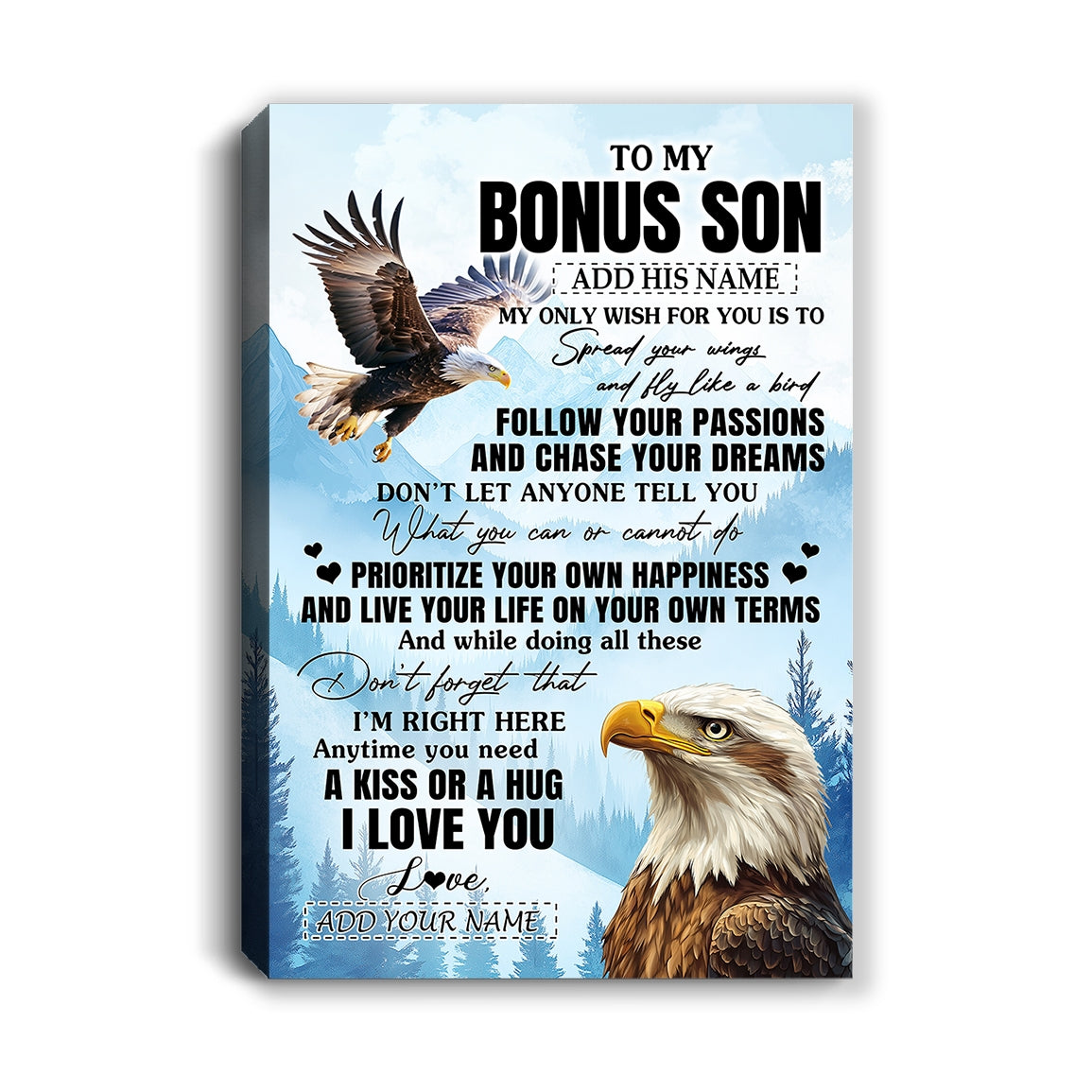 Personalized To My Bonus Son Gifts Canvas From Stepmom Stepdad Eagle My Only Wish For You Stepson Birthday Gifts Graduation Christmas Custom Art Print Framed Canvas | siriusteestore