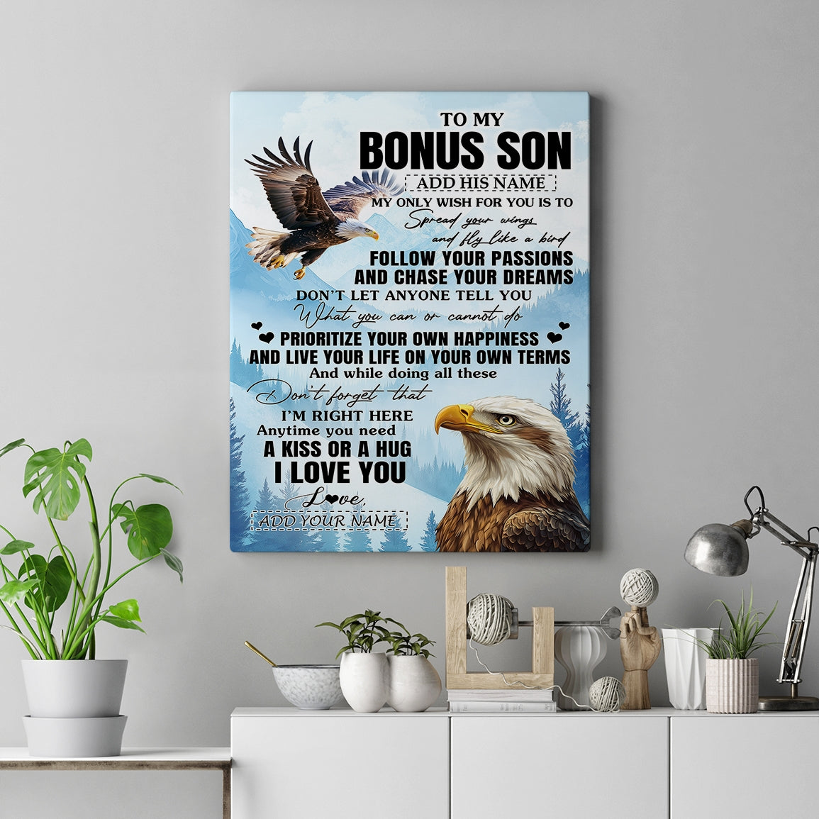 Personalized To My Bonus Son Gifts Canvas From Stepmom Stepdad Eagle My Only Wish For You Stepson Birthday Gifts Graduation Christmas Custom Art Print Framed Canvas | siriusteestore