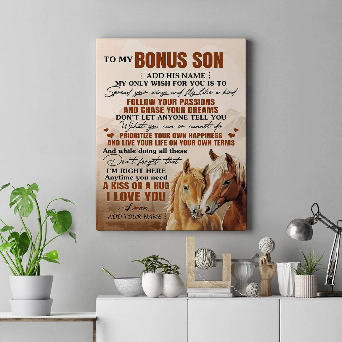 Personalized To My Bonus Son Gifts Canvas From Stepmom Stepdad Horse My Only Wish For You Stepson Birthday Gifts Graduation Christmas Custom Wall Art Framed Canvas | siriusteestore