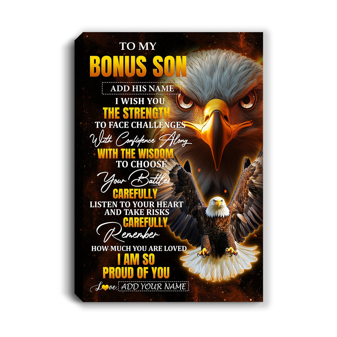Personalized To My Bonus Son Gifts Canvas From Stepmom Stepdad I Wish You The Strength Eagle Stepson Birthday Gifts Christmas Graduation Custom Wall Art Framed Canvas | siriusteestore