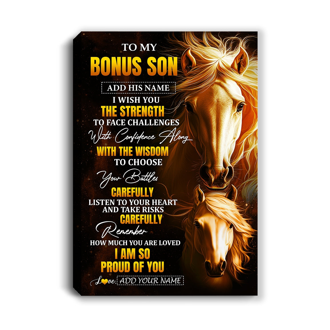 Personalized To My Bonus Son Gifts Canvas From Stepmom Stepdad I Wish You The Strength Horse Stepson Birthday Gifts Christmas Graduation Custom Wall Art Framed Canvas | siriusteestore