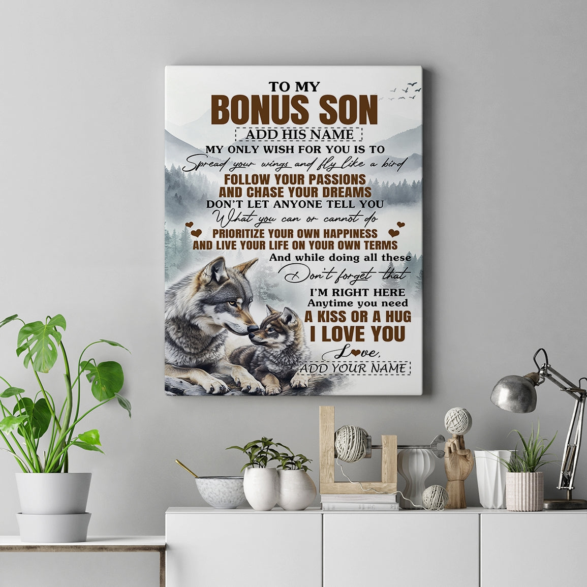Personalized To My Bonus Son Gifts Canvas From Stepmom Stepdad Wolf My Only Wish For You Stepson Birthday Gifts Graduation Christmas Custom Wall Art Framed Canvas | siriusteestore