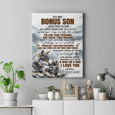 Personalized To My Bonus Son Gifts Canvas From Stepmom Stepdad Wolf My Only Wish For You Stepson Birthday Gifts Graduation Christmas Custom Wall Art Framed Canvas | siriusteestore