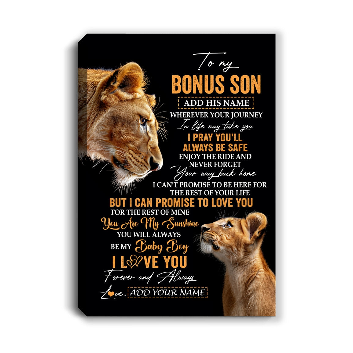 Personalized To My Bonus Son Gifts Canvas From Stepmom Wherever Your Journey In Life Lion StepSon Birthday Gifts Christmas Custom Wall Art Framed Canvas | siriusteestore
