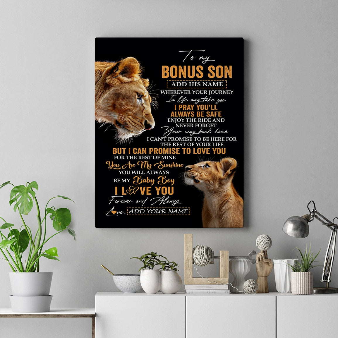 Personalized To My Bonus Son Gifts Canvas From Stepmom Wherever Your Journey In Life Lion StepSon Birthday Gifts Christmas Custom Wall Art Framed Canvas | siriusteestore