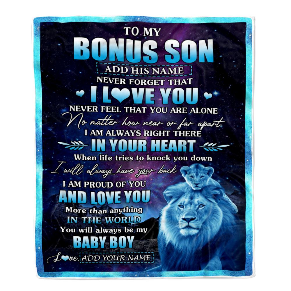 Personalized To My Bonus Son Gifts From Step Dad Blanket I Love You Lion Birthday Gift Ideas For Stepson Graduation Christmas Customized Fleece Blanket | siriusteestore