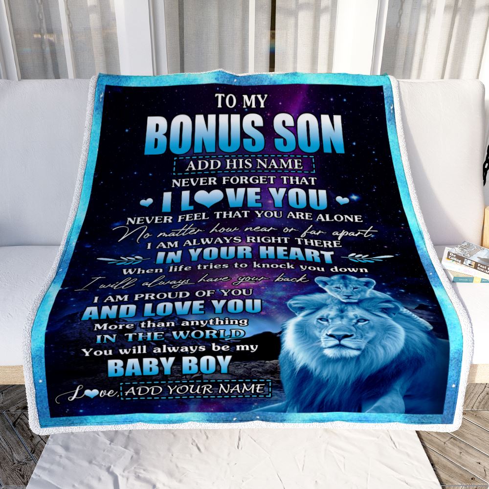 Personalized To My Bonus Son Gifts From Step Dad Blanket I Love You Lion Birthday Gift Ideas For Stepson Graduation Christmas Customized Fleece Blanket | siriusteestore