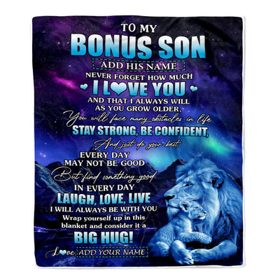 Personalized To My Bonus Son Gifts From Step Dad Blanket Laught Love Live Lion Great Stepson Birthday Gifts Graduation Christmas Customized Fleece Blanket | siriusteestore