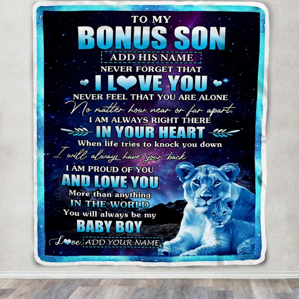 Personalized To My Bonus Son Gifts From Step Mom Blanket I Love You Lion Birthday Gift Ideas For Stepson Graduation Christmas Customized Fleece Blanket | siriusteestore