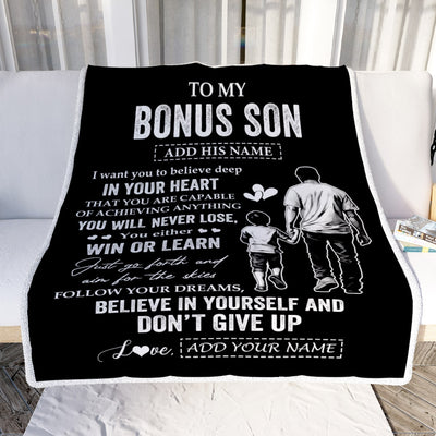 Personalized To My Bonus Son Gifts From Stepdad Blanket Don't Give Up Stepfather Gifts For Stepson Birthday Graduation Christmas Customized Fleece Blanket | siriusteestore