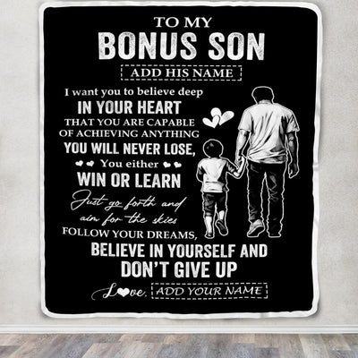 Personalized To My Bonus Son Gifts From Stepdad Blanket Don't Give Up Stepfather Gifts For Stepson Birthday Graduation Christmas Customized Fleece Blanket | siriusteestore