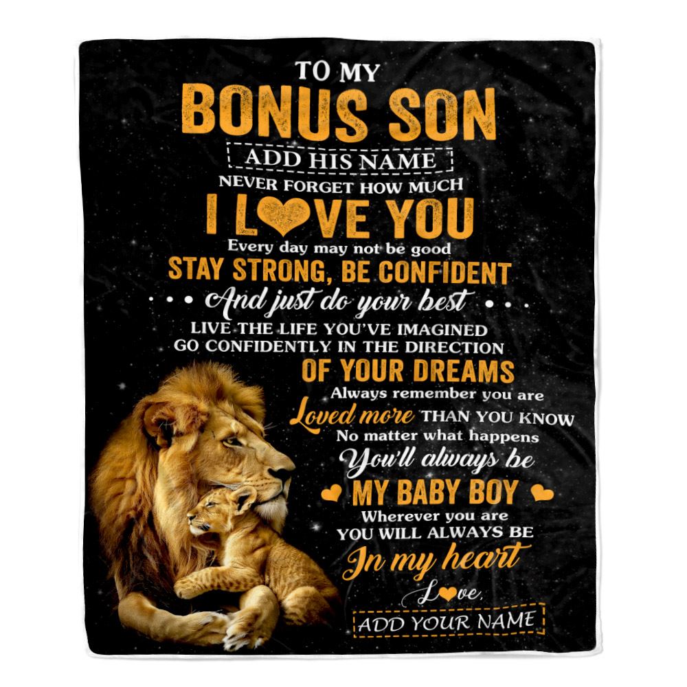 Personalized To My Bonus Son Gifts From Stepdad Blanket Lion Never Forget How Much I Love You Stepson Birthday Gifts Graduation Christmas Fleece Blanket | siriusteestore