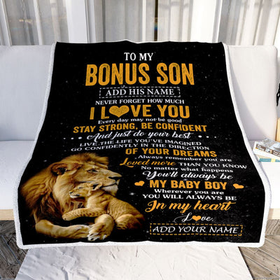 Personalized To My Bonus Son Gifts From Stepdad Blanket Lion Never Forget How Much I Love You Stepson Birthday Gifts Graduation Christmas Fleece Blanket | siriusteestore