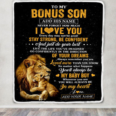 Personalized To My Bonus Son Gifts From Stepdad Blanket Lion Never Forget How Much I Love You Stepson Birthday Gifts Graduation Christmas Fleece Blanket | siriusteestore