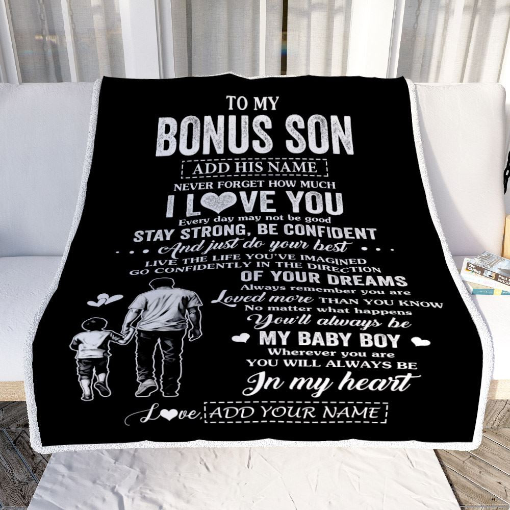 Personalized To My Bonus Son Gifts From Stepdad Blanket Never Forget How Much I Love You Stepson Birthday Graduation Christmas Customized Fleece Blanket | siriusteestore