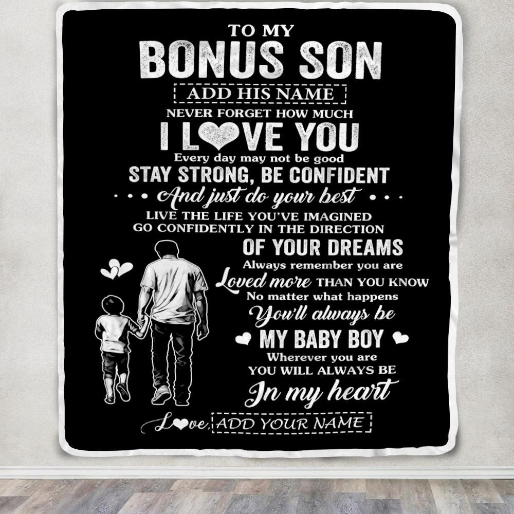 Personalized To My Bonus Son Gifts From Stepdad Blanket Never Forget How Much I Love You Stepson Birthday Graduation Christmas Customized Fleece Blanket | siriusteestore