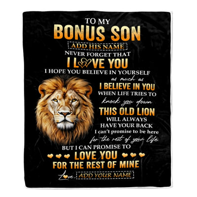 Personalized To My Bonus Son Gifts From Stepdad Blanket Old Lion Love You Stepson Birthday Gifts Graduation Christmas Customized Fleece Throw Blanket | siriusteestore