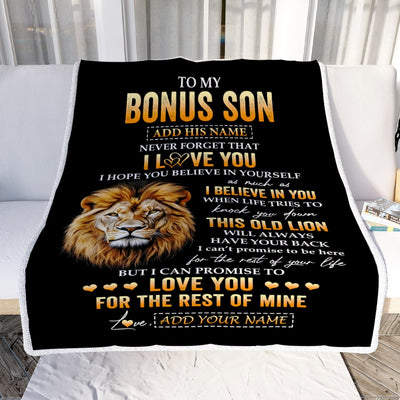 Personalized To My Bonus Son Gifts From Stepdad Blanket Old Lion Love You Stepson Birthday Gifts Graduation Christmas Customized Fleece Throw Blanket | siriusteestore